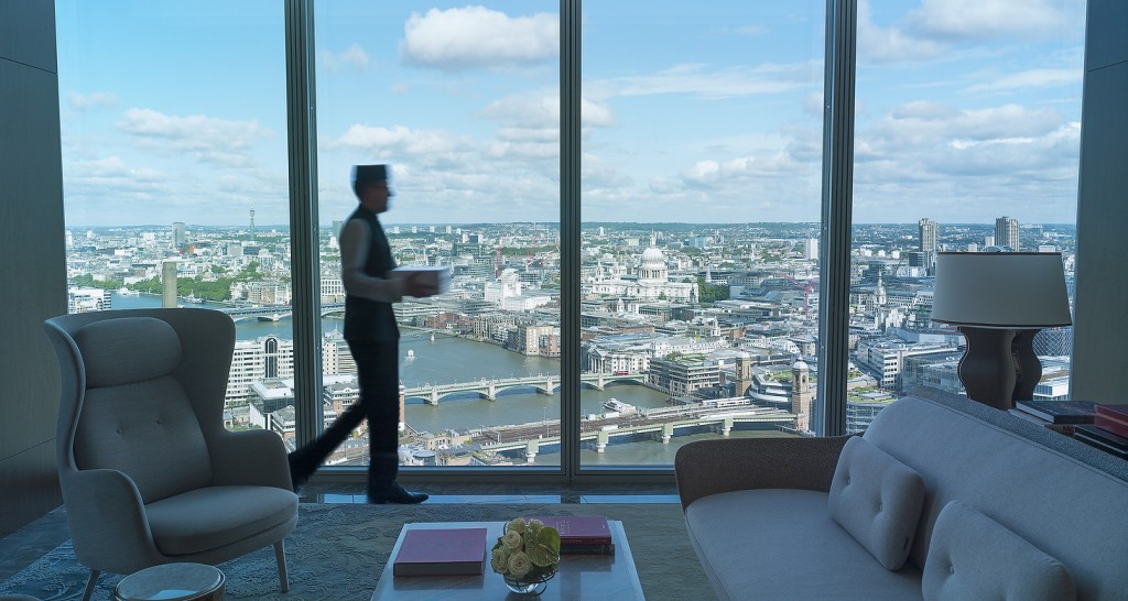 Sky Lobby, St Paul’s view, with bellman – Shangri-La Hotel, At The Shard, London