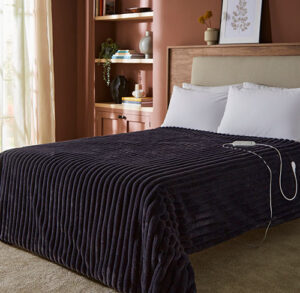 large luxury striped fleece electric heated throw navy