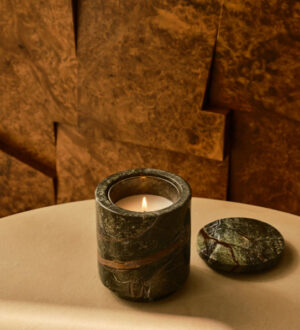 leather and oud forest green marble candle